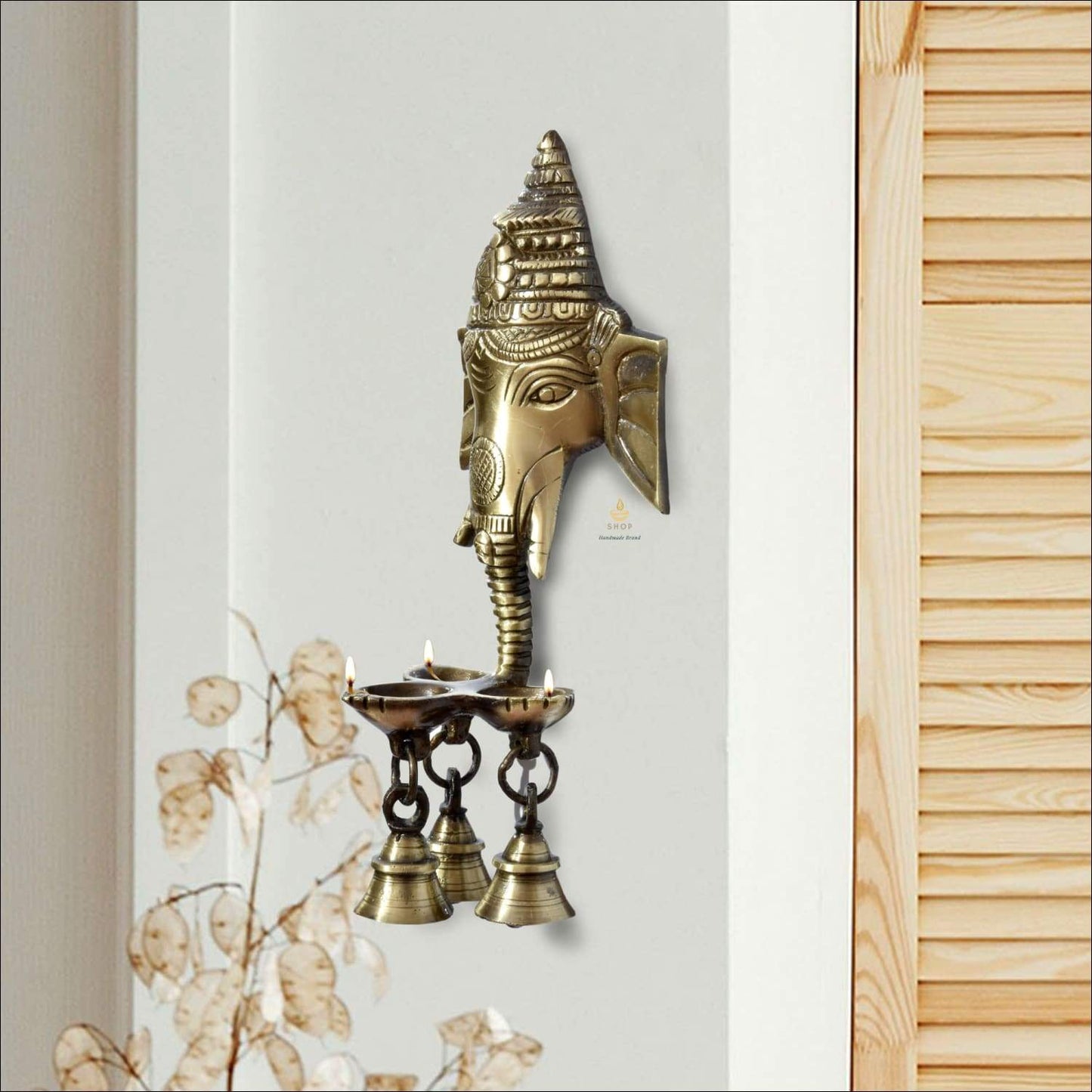 Brass Antique Ganesha Wall Hanging Deepak/Diya with Bells for Home Decor