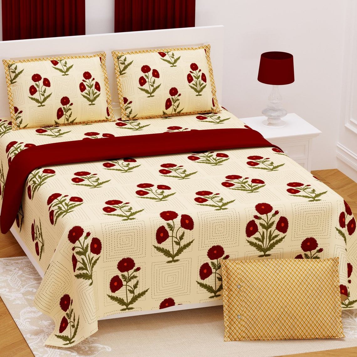 Buy Red Rose Floral Printed King Size Bed Sheets With Set of 2 Pillow Covers