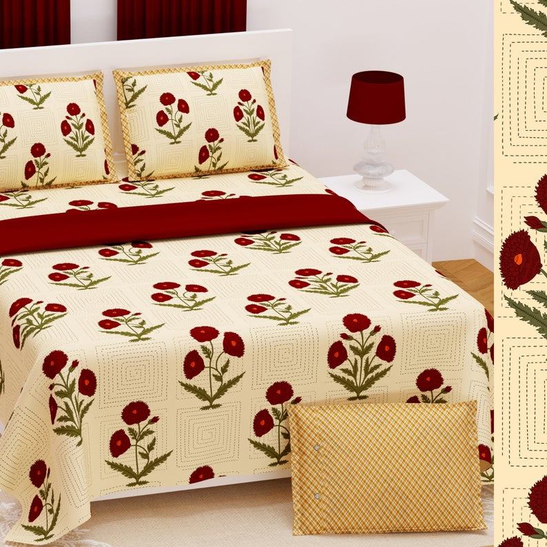Buy Red Rose Floral Printed King Size Bed Sheets With Set of 2 Pillow Covers