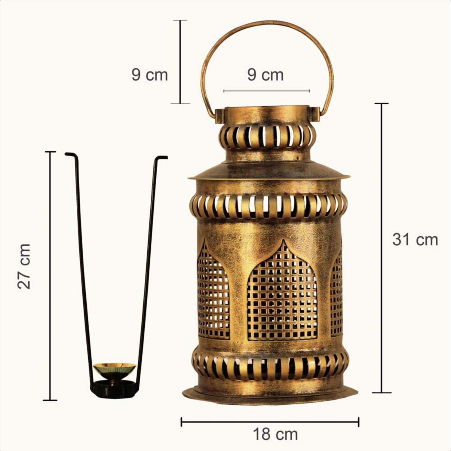 Jaisalmer Mehrab Art Burni Lantern with Diya (Gold_7 Inch X 7 Inch X 12.2 Inch)