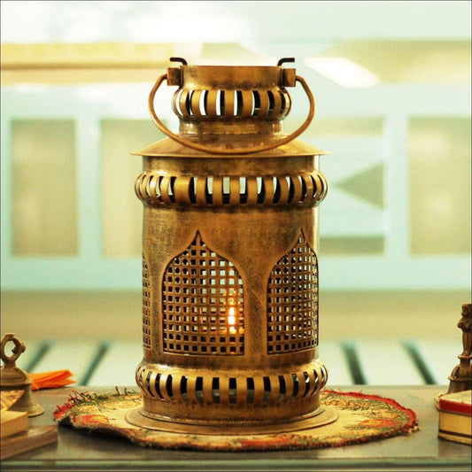 Jaisalmer Mehrab Art Burni Lantern with Diya (Gold_7 Inch X 7 Inch X 12.2 Inch)